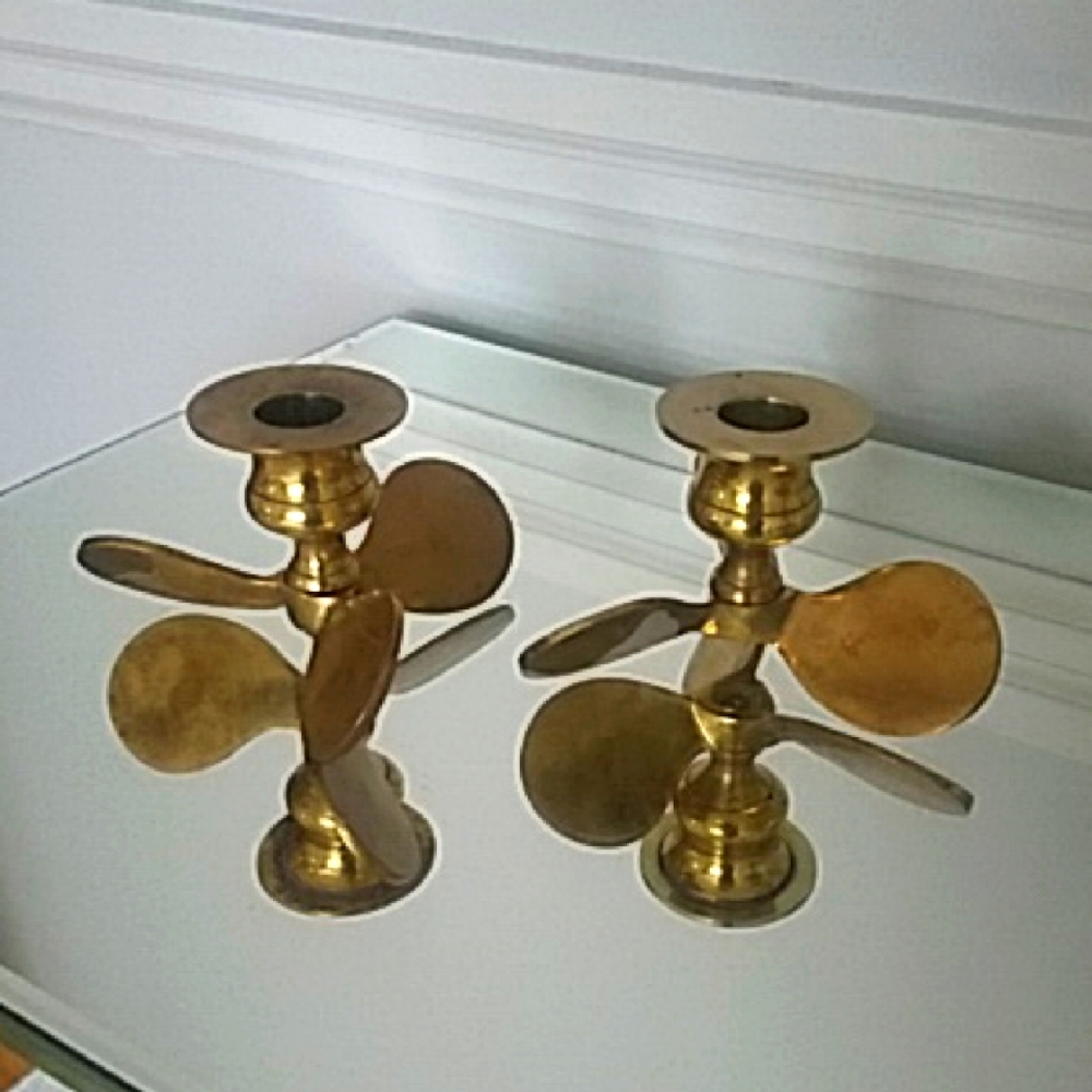 2 Vintage Brass Boat Propeller Nautical Candlestick Holders